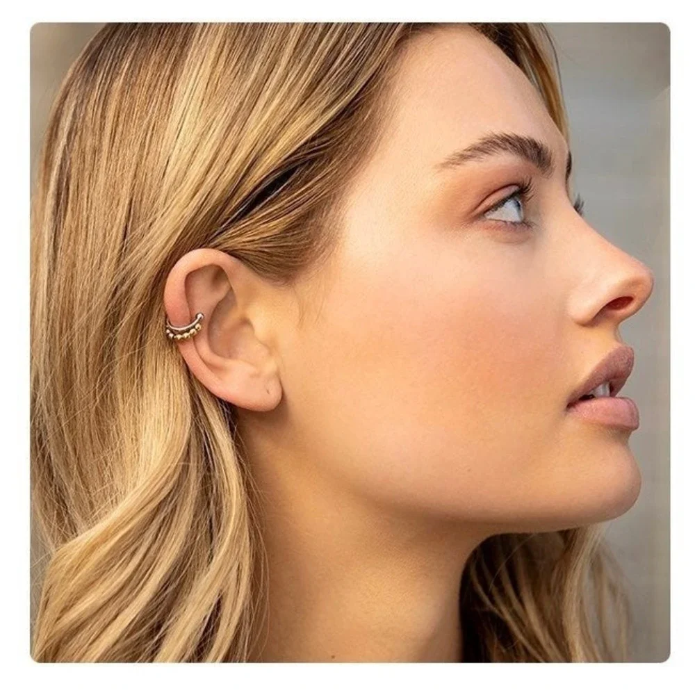 2pc Mixed Metal‎ Ear Cuff Set Silver Horseshoe and Gold Beaded Cartilage Jewelry
